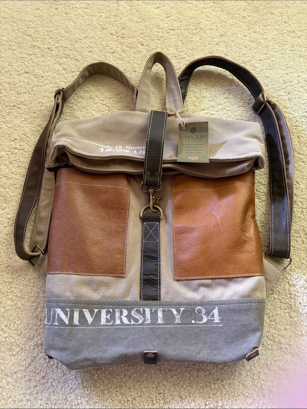 New Clea Ray University 34 Canvas & Brown Leather Roll-Top Backpack